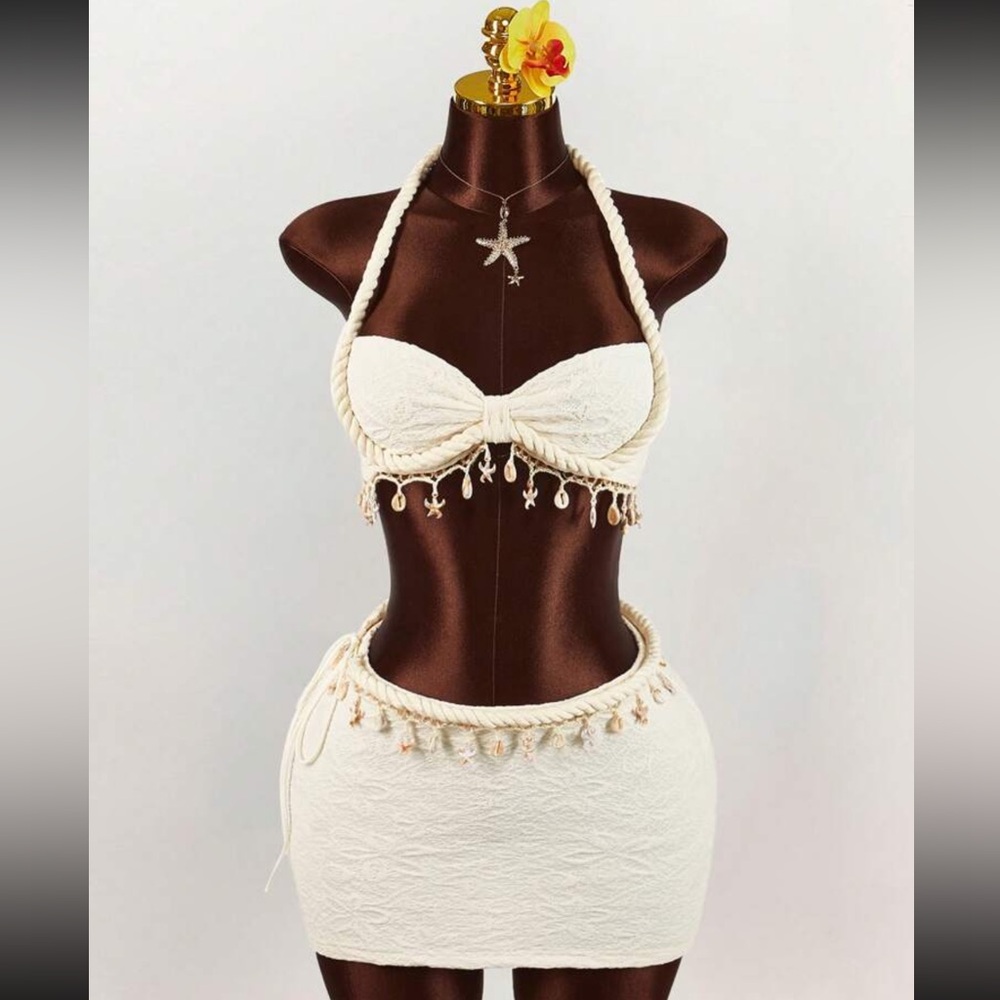 Cream Halter Bikini Set with Skirt
